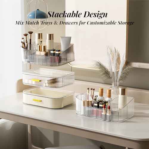 Delamu Makeup Organizer for Vanity with Stackable Drawers, 360 Rotating Makeup Brush Holder Large Cosmetic Display Case for Dresser, Bathroom Countertop Skincare Organizers and Storage, Elegant White