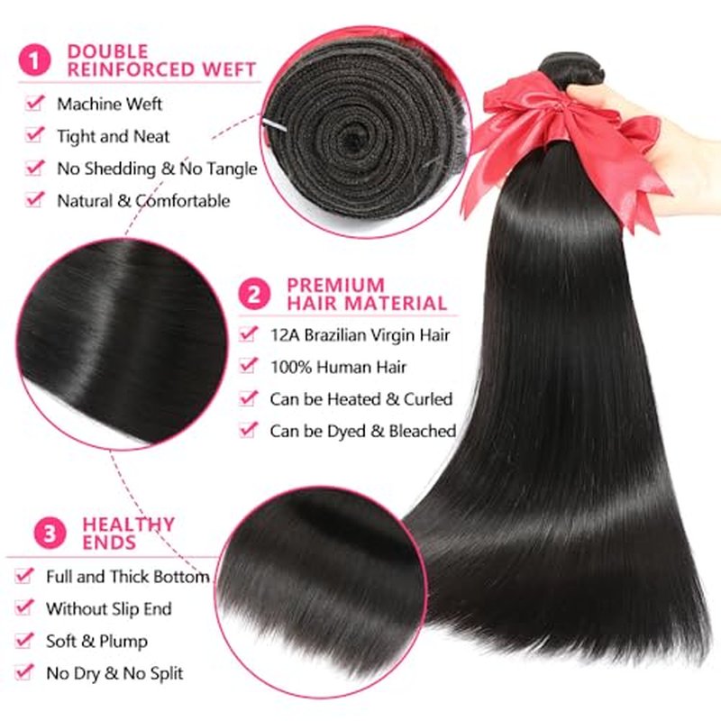 12A Straight Bundles with Frontal Human Hair 16 18 20+14 Inch Brazilian Human Hair Bundles with Frontal 100% Unprocessed Virgin Weave Hair with 13x4 HD Lace Closure