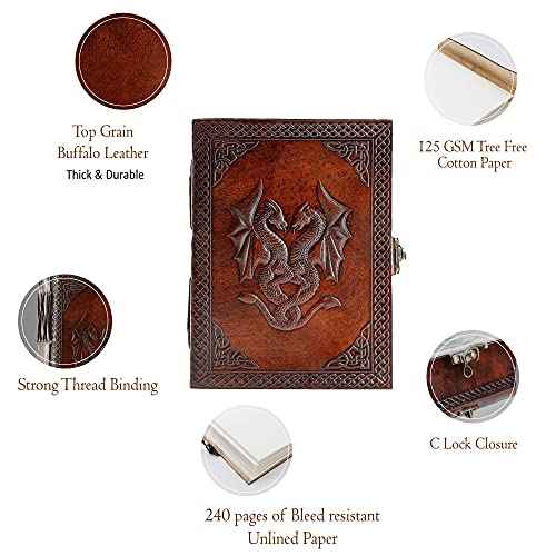 Handmade Leather Double Dragon Journal | Writing Notebook Diary | Bound Daily Notepad for Men & Women Unlined Paper Medium, Writing pad for Artist, Sketch