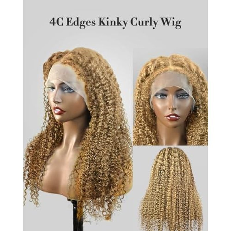 4C Edges HD Lace Front Wig Human Hair Honey Blonde Kinky Curly Wig, 13x4 Lace Frontal Kinkycurly Wigs with 4C Kinky Edges Hairline Pre-Plucked 180% Density 16 inch