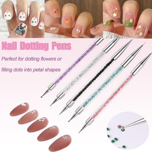 AIBEE Nail Art Brushes, 5pcs Double-Ended Acrylic Nail Brush Set with 5/7/10/12/15mm Nail Liner Brushes and Dotting Pens for French Nails