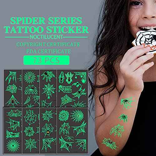73PCS Luminous Halloween Spider Web Temporary Tattoos for Kids, Costume Makeup Glow in the Dark Fake Tattoo Stickers, Face Cosplay Holiday Party Favors Gifts for Adults Classroom School Prizes Reward