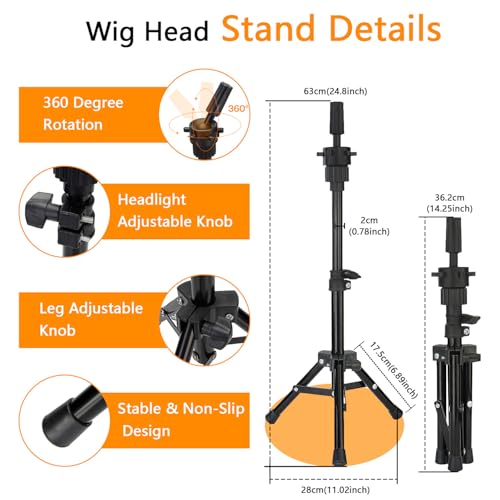 Wig Stand with Head, Adjustable Wig Head Stand, Canvas Wig Head Stand with Mannequin Head with Clamp Stand, Manikin Head Set for Wigs Cosmetology