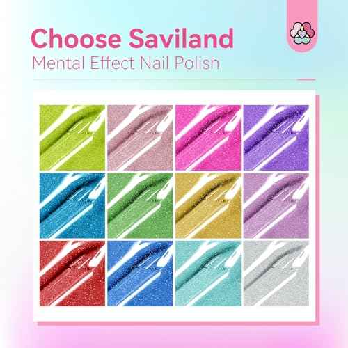 SAVILAND Metallic Nail Polish with Base and Top Coat: Chrome Nail Polish Set 12+2 Colors Mirror Glitter Holographic Silver Pink Quick-Dry Nail Polish for Fingernail French Manicure Art DIY Gift