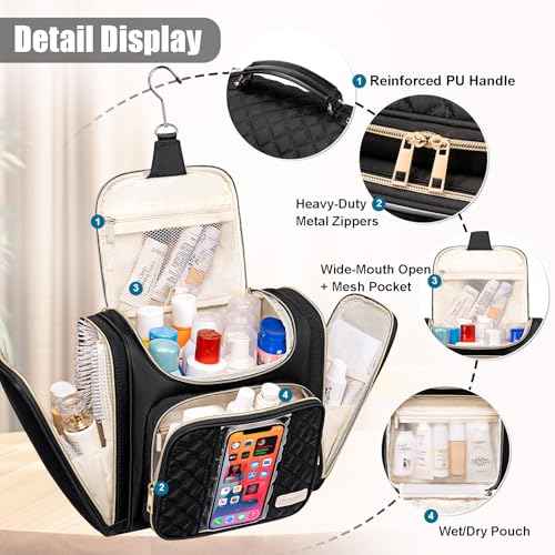 Travel Toiletry Bag for Women, Hanging Toiletry Bag, Bathroom Bag Portable Shower Caddy for College Dorm Travel Shower Bag for Women Water-Resistant Cosmetic Makeup Bag (Black)