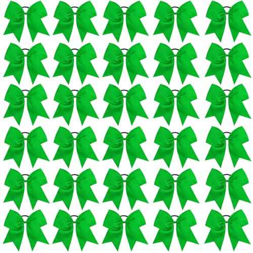 CN 30PCS 8" Large Cheer Bows, Cheerleading Bows Ponytail Holder for Girls, Grosgrain Ribbon Cheer Hair Bows with Elastic Hair Tie for Cheerleader College Sports Softball Competition (Green)