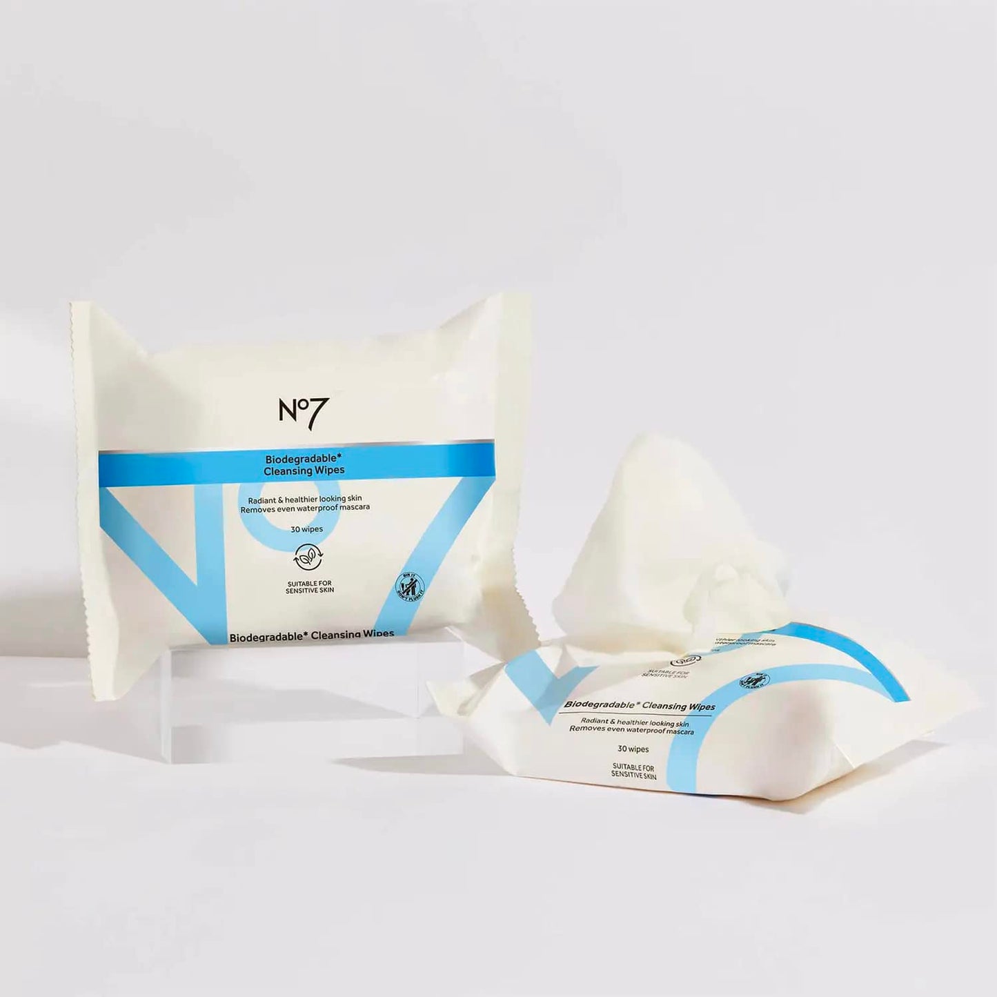 No7 Biodegradable Cleansing Wipes - Waterproof Mascara & Makeup Remover Wipes - Vitamin B5 + Witch Hazel & Fennel Extract Facial Cleansing Wipes for Revitalized Radiant Skin (Dual Pack, 60 Wipes)