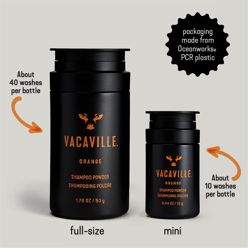 Vacaville Beauty Powder Shampoo for Hair Growth, Orange Scented | Waterless, Eco Friendly & Travel Shampoo | Natural Vegan Formula for Thinning Hair & Sensitive Scalp | Full Size