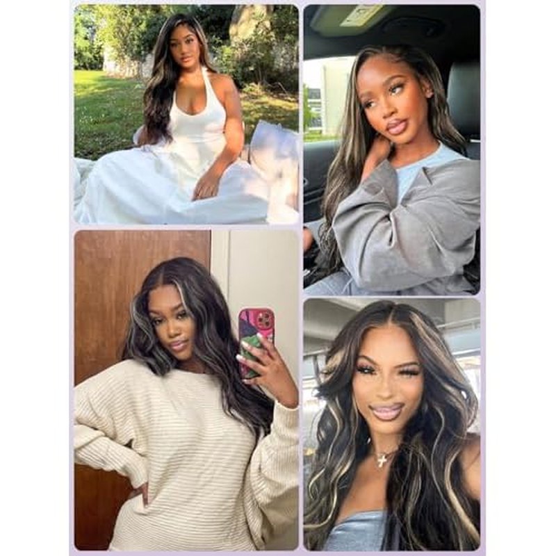 Platinum Blonde Highlight Black Mix Color Bundles Body Wave Human Hair, 100% Brazilian Remy Hair Thick Track Bundles #F1B/613 Ombre Skunk Stripe Balayage More Silver (3 Bundles, 10 12 14 Inch)