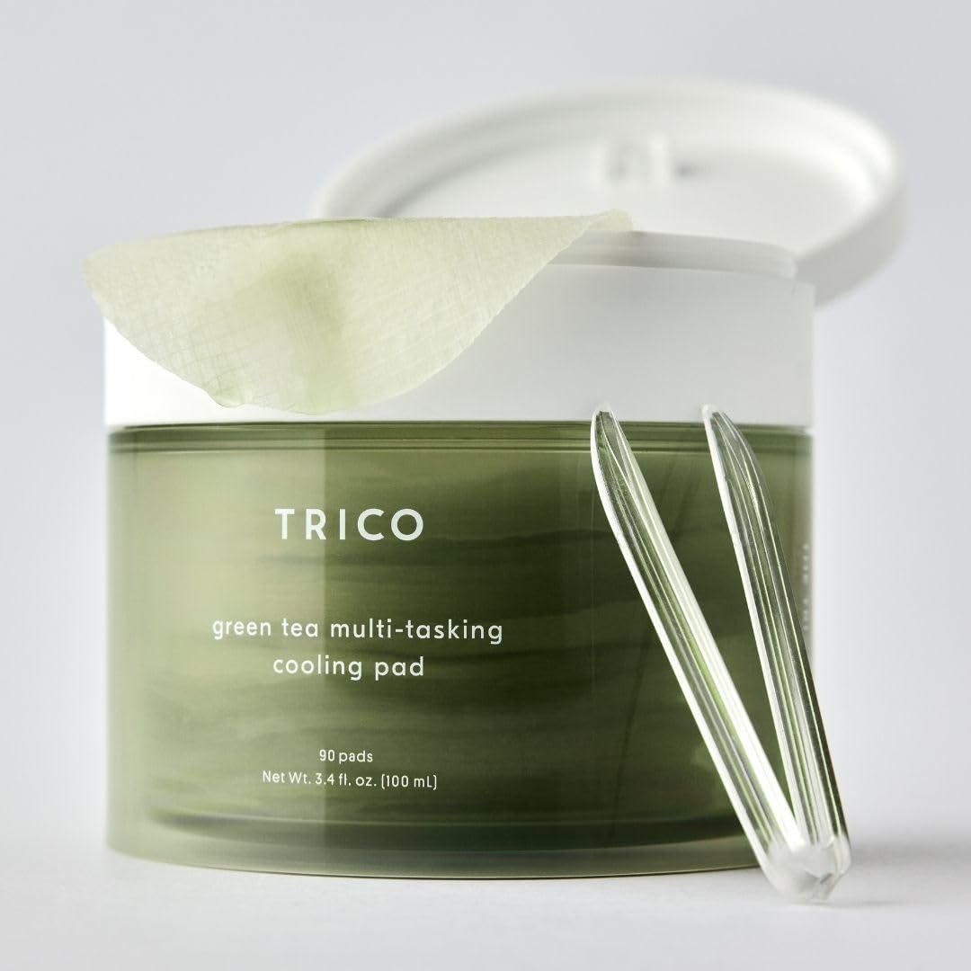 TRICO Green Tea Multi-Tasking Cooling Pad, 3-1 Korean Toner Pads with Depuffing, Cooling & Moisturizing Effects for All Skin Types - Green Tea Water from Jeju Island, Lemon & Honey Extract - 90 Pads