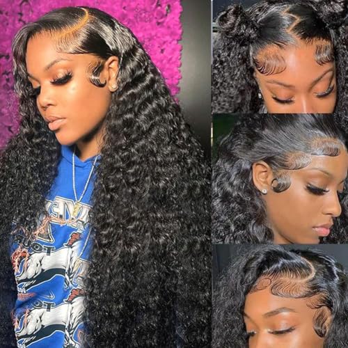 Rozilo Aomllute 30 Inch Deep Wave Lace Front Wigs Human Hair 200 Density 13x4 HD Lace Frontal Wigs Human Hair Pre Plucked Deep Curly Glueless Wigs Human Hair for Women Natural Black