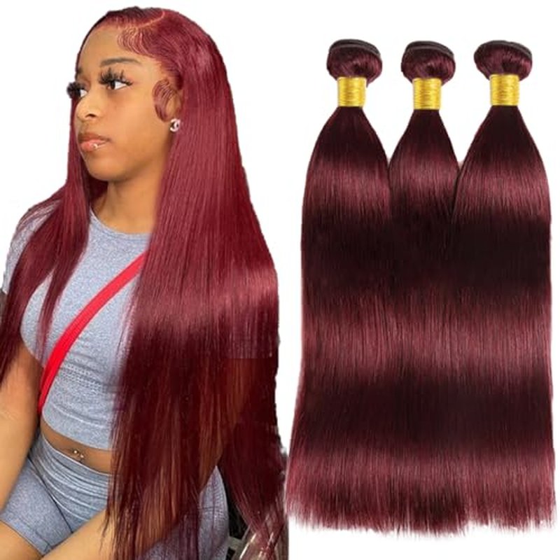 #99J Burgundy Human Hair Bundles Straight Bundles 18 20 22 Inch Wine Red Bundle Unprocessed Brazilian Virgin Hair 3 Bundle Deals Quick Weave Hair Extensions 50 Gram Per Bundle