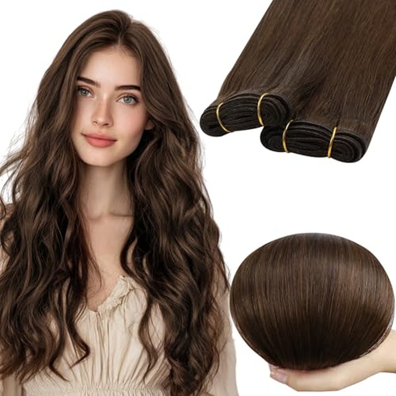 RUNATURE Brown Sew in Hair Extensions Real Human Hair 22 Inch 100g Straight Remy Hair Sew in Extensions #4 Chocolate Brown Weft Human Hair Extensions Weft Sew in Bundles Human Hair Brown Full Ends