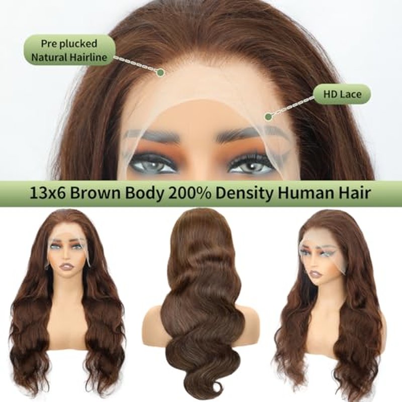 200 Density Body Wave 13x6 Hd Lace Front Wigs Human Hair Pre Plucked Chocolate Brown Lace Front Wig Colored Human Hair Wigs for Black Women Brown Wig Human Hair 20 Inch