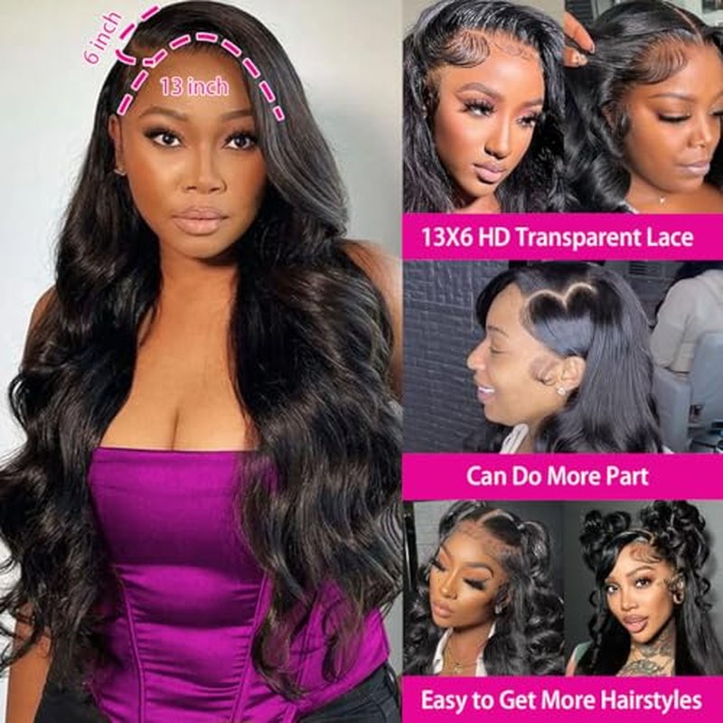 Body Wave 13x6 Lace Front Wigs for Women Human Hair Pre Plucked 220% Density Body Wave HD Lace Frontal Glueless Wig Human Hair Natural Black Wig with Baby Hair 22Inch