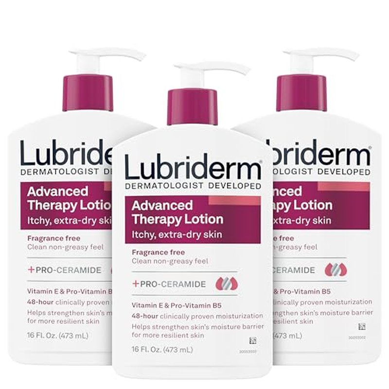 Lubriderm Advanced Therapy Fragrance-Free Moisturizing Lotion with Vitamins E and Pro-Vitamin B5, Intense Hydration for Extra Dry Skin, Non-Greasy Formula, Pack of Three, 3 x 16 fl. oz