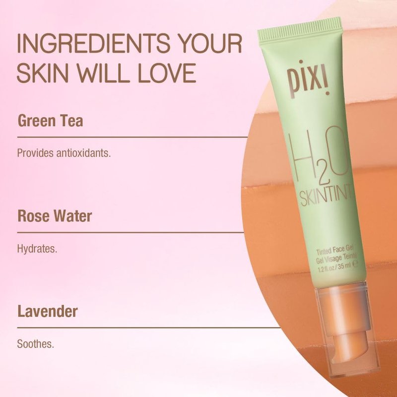 Pixi H2O SkinTint | Tinted Face Gel Moisturizer | Lightweight Hydrating Coverage with Hyaluronic Acid | Evens Skin Tone & Reduces Redness | Oil-Free Dewy Finish | Nude | 1.2 fl oz