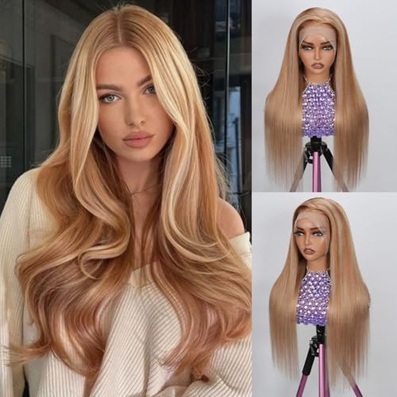 13X6 Ombre Chocolate Brown Lace Front Wigs Human Hair Highlighted Ash Blonde Mixed Brown HD Transparent 180% Density Lace Frontal Wig Natural Hair with Baby Hair 22"