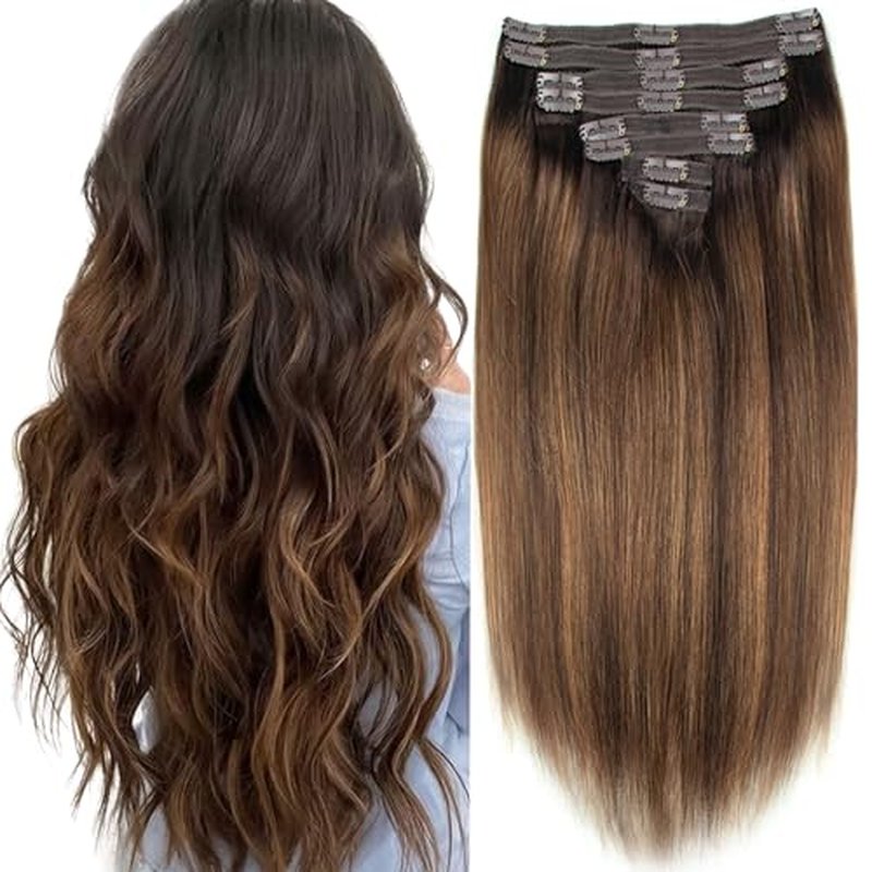 Clip in Hair Extensions Balayage Dark Brown Mixed Chestnut Brown Hair Extensions Clip in Human Hair Invisible Remy Natural Hair Silky Straight 120g 8pcs (24 inch, #2/6/2)