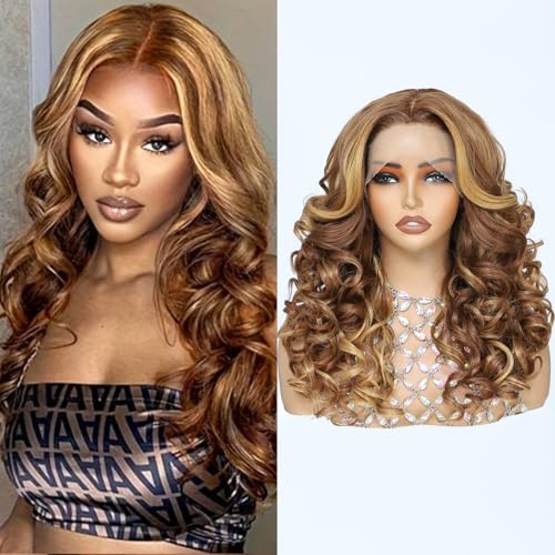 X-TRESS Big Elastic Curly Wave honey blonde Middle Part Lace Synthetic Wig, 22 Inches Yaki, Pre-plucked Glueless Deep Roll Shaped Hair 4/27 for Black White Women Daily party deep wave lace front wigs