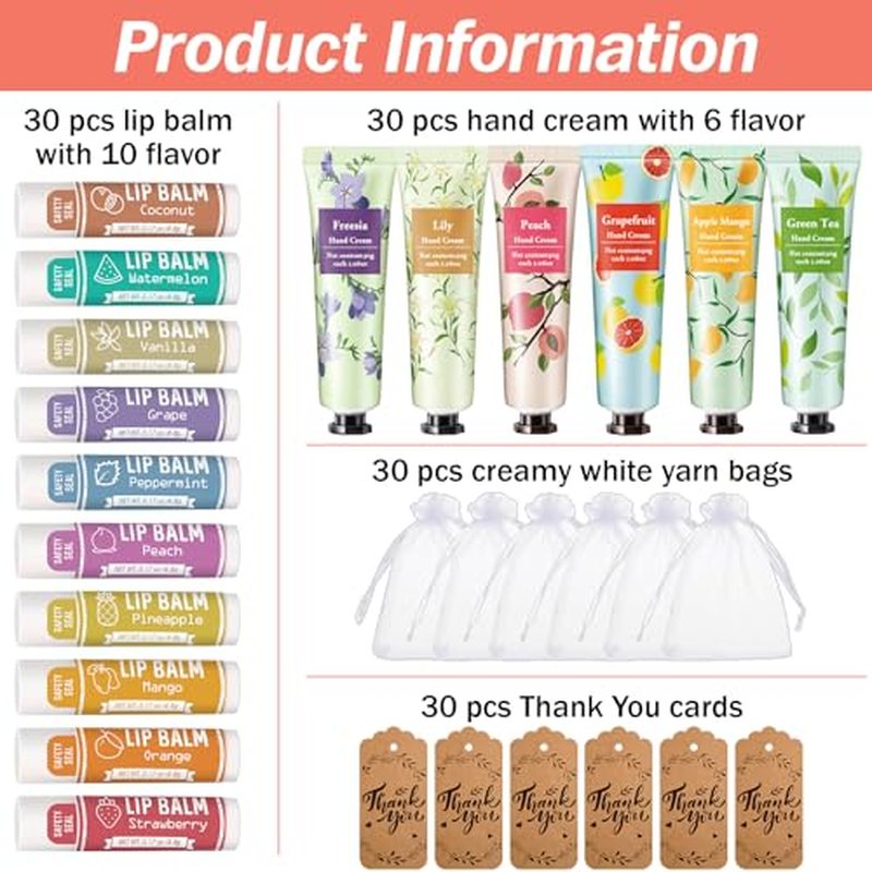AZEN 30 Sets Bulk Gifts, Hand Cream and Lip Balm Bulk Set with Organza Bag Thank You Card, Baby Shower Wedding Gifts for Guests, Bridal Wedding Favors for Guests,Thank You Gifts for Women
