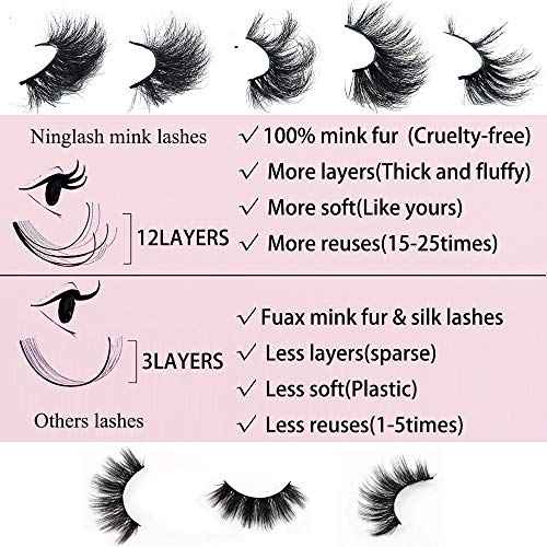25MM Mink Eyelashes Wholesale Ninglash 10 Pack False Eyelashes, Christmas Gifts for Women Dramatic Real Mink EyeLashes, Thick HandMade Full Strip Lashes, Crueltyl Free Fluffy Lash, 3D Mink Lashes Bulk