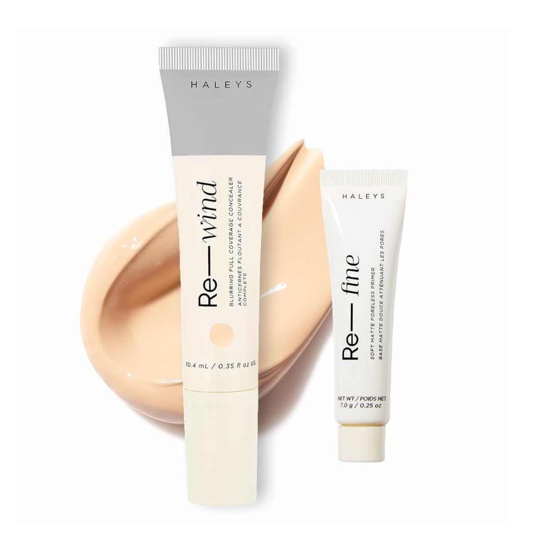 HALEYS Re-wind Blurring Full Coverage Concealer (Fair/Light-Neutral)+Re-fine Primer 0.25oz, Brighten, Reduce redness, dark circles, fine lines, Non-Caking, Longwear, Nourish, Soft-Matte Finish, Vegan