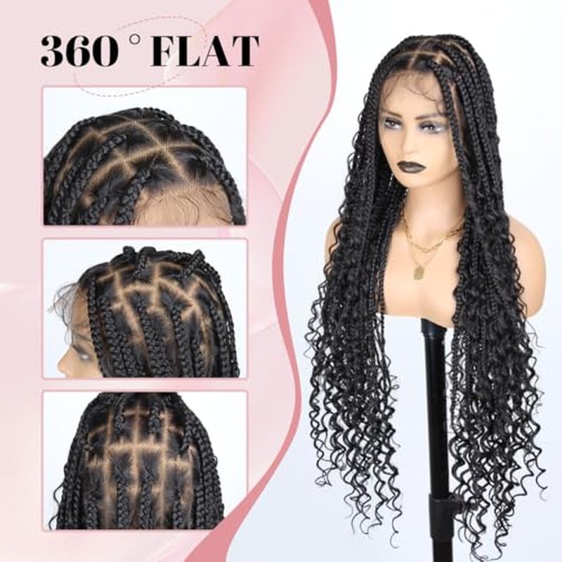 36 Inch Full Lace Boho Braided Wigs for Black Women, 360¡Æ HD Single-layer Square Knotless Box Braid Wig with Baby Hair Handmade Synthetic Hair Blended Lace Front Wig Natural Black