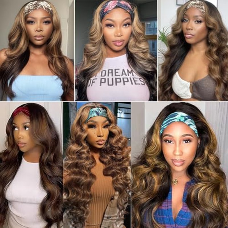 Headband Wig Human Hair Body Wave Highlight Ombre Headband Glueless None Lace Front Wig Brazilian Virgin Hair 24 Inch Wear and Go Wigs for Black Women 150% Density