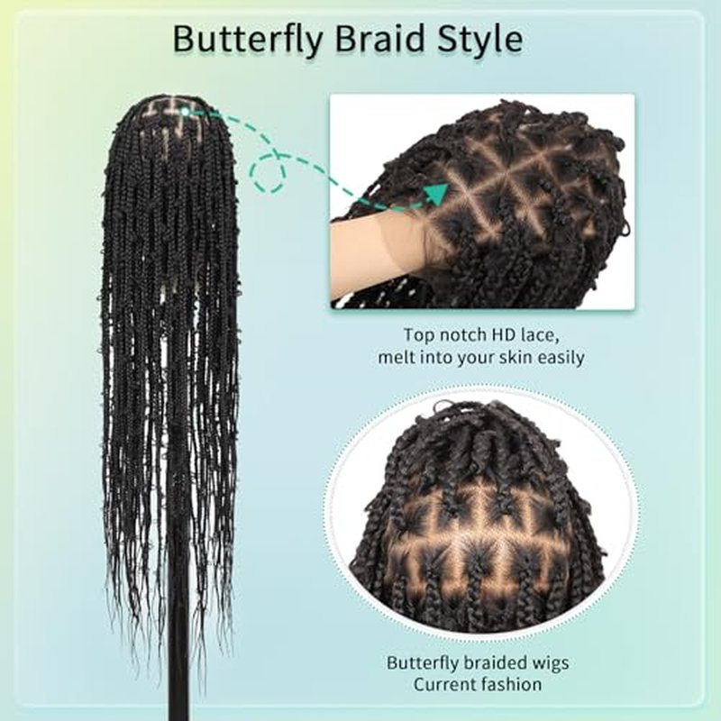 360¡Æ HD Full Lace Knotless Braided Wigs for Women Box Braid Wig with Baby Hair Premium Synthetic Natural Looking Black Butterfly Braided Lace Front Wigs 36 Inch