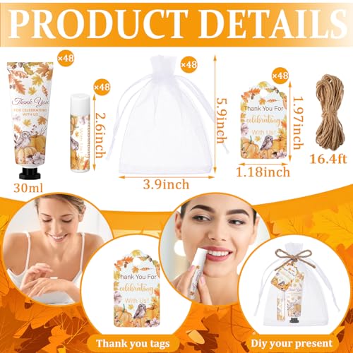 48 Sets 192 Pcs Thanksgiving Pumpkin Hand Cream and Lip Balm Fall Party Favors Gifts for Guests Pumpkin Bridal Baby Shower Wedding Party Favor with Thank You Card Organza Bags Travel Size