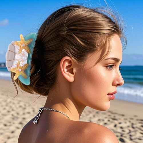 BVGA Sea Animal Hair Claw Clips Marine Life Starfish Seashell Pearl Crystal Claw Clips Cute Large Claw Hair Clips Beach Stylish Hair Accessories Gifts for Women Girls (Shell Starfish Blue)