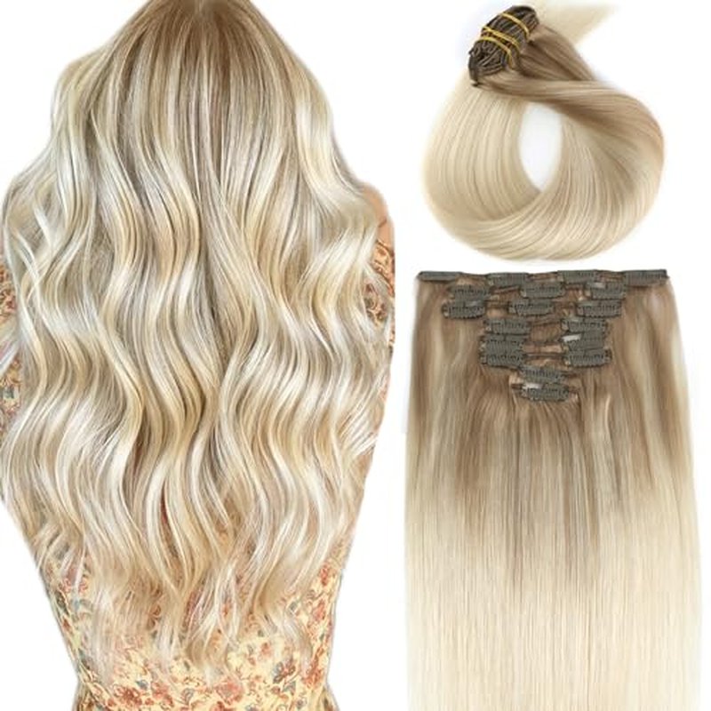 ABH AMAZINGBEAUTY HAIR Clip in Hair Extensions Balayage Ash Brown Fading into Platinum Blonde Hair Extension Clips 8pcs/120g B8-60 18 Inch Double Weft Clip on Hair Extensions Thick Straight Hair Clips