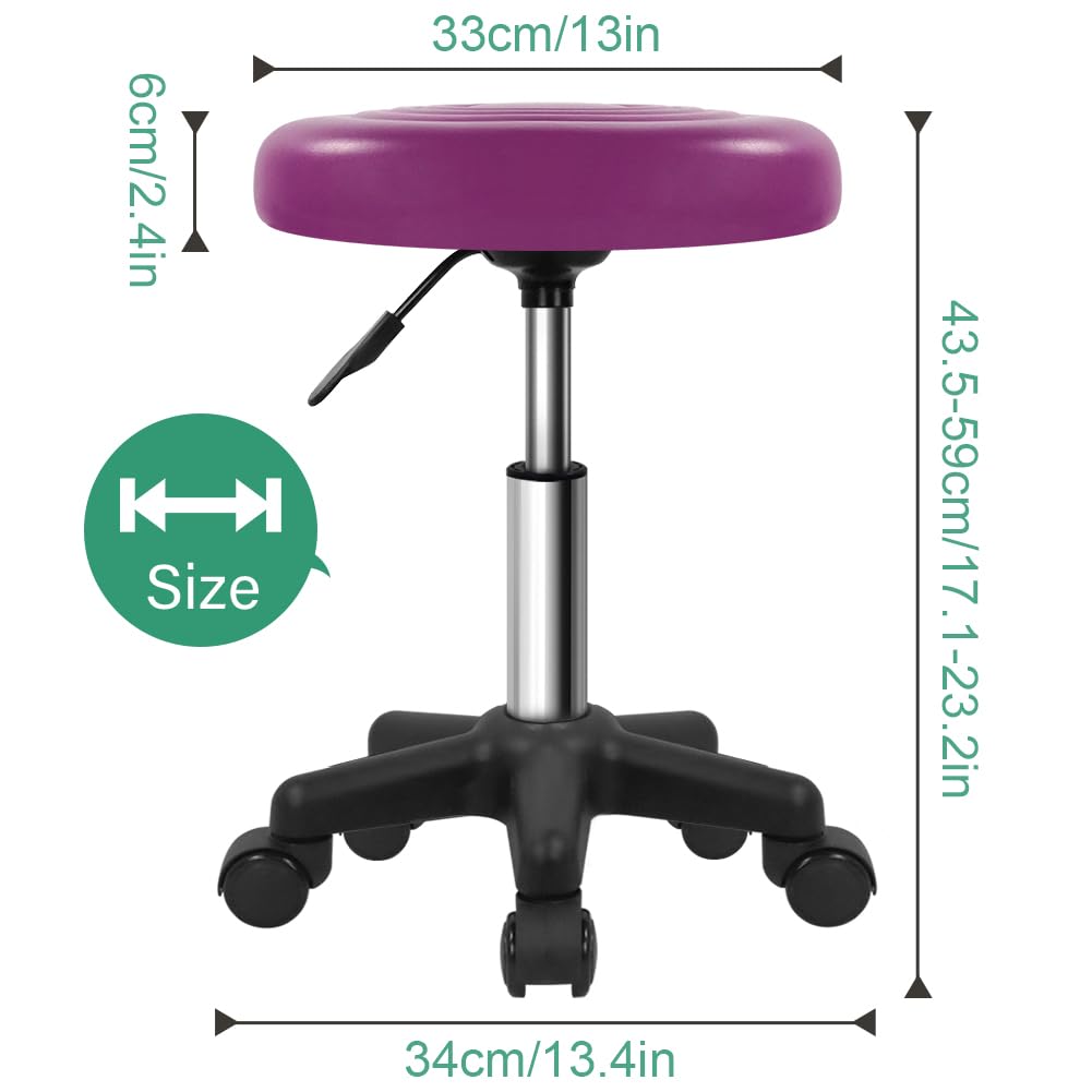 FURWOO Round Swivel PU Leahter Rolling Stool with Wheels Height Adjustable Chair for Spa Salon Massage Purple
