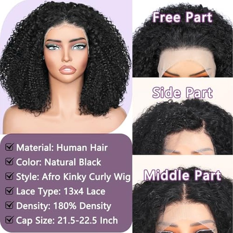 Curly Afro Wig Human Hair, 13x4 Lace Front Kinky Curly Glueless Wigs, 180 Density Pre Plucked Transparent Lace Frontal Brazilian Human Hair Bob Wig for Black Women, 4A/4B Natural Black 16 Inch