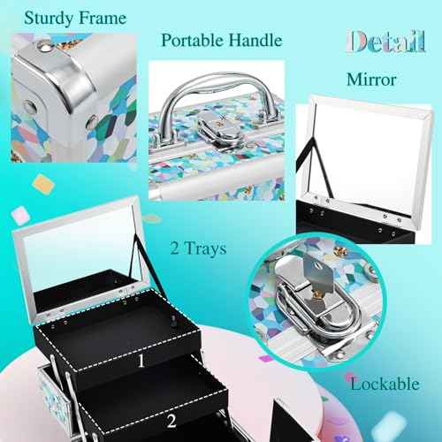FRENESSA Makeup Case Train Case Portable Kids Makeup Box with Mirror Lock Box Travel Cosmetic Train Cases Hard Makeup Organizer for Girls Nail Craft Storage Vanity Mosaic Puzzle