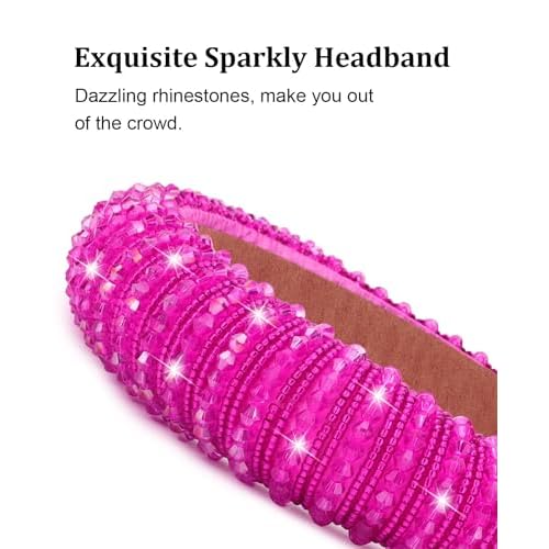 Wecoe 2pcs Pink Rose Red Rhinestone Headbands Women Girls Crystal Beaded Headband Fashion Cute Bling Sparkly Diamond Padded Thick Puffy Headbands Holiday Hair Accessories For Women Girls Gifts