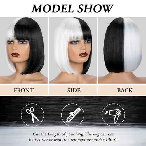 MYQUEEN Black and White Bob Wig With Bangs Cruella Deville Costume for Women Girl Kids 12 Inch Short Straight Bob Bangs Wig for Daily Party Holloween Use
