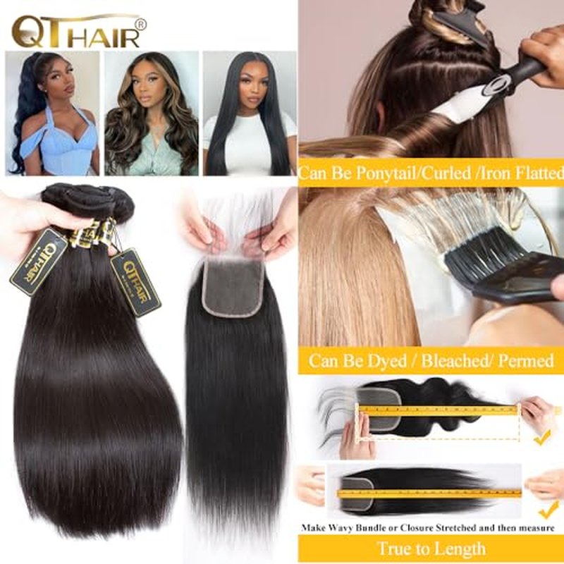 QTHAIR 16A Grade Straight Human Hair Bundles with HD Lace Closure(14" 14" 16"+12"Free Part Lace Closure,Natural Black) 100% Unprocessed Brazilian Virgin Hair Extensions
