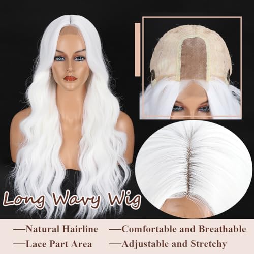 Colorful Queen White Wigs for Women 26 Inch White Long Wavy Wig Middle Part Glueless Lace Wig for Women Daily Party Use Halloween Cosplay