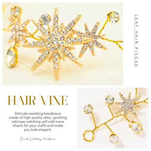 Unicra Star Rhinestone Bride Wedding Vine Gold Bridal Hair Piece Crystal Hair Accessory for Women and Girls (21 Inches) (Gold)