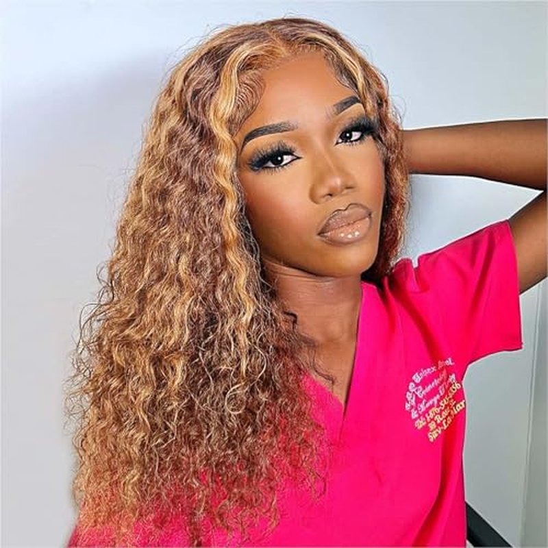 Curly Bob Wig Human Hair Deep Wave 13x4 HD Lace Front Wigs For Black Women Human Hair Pre Plucked Wear And Go Glueless Short Wet And Wavy Ombre Honey Blonde Highlight Color 4/27 16 Inch