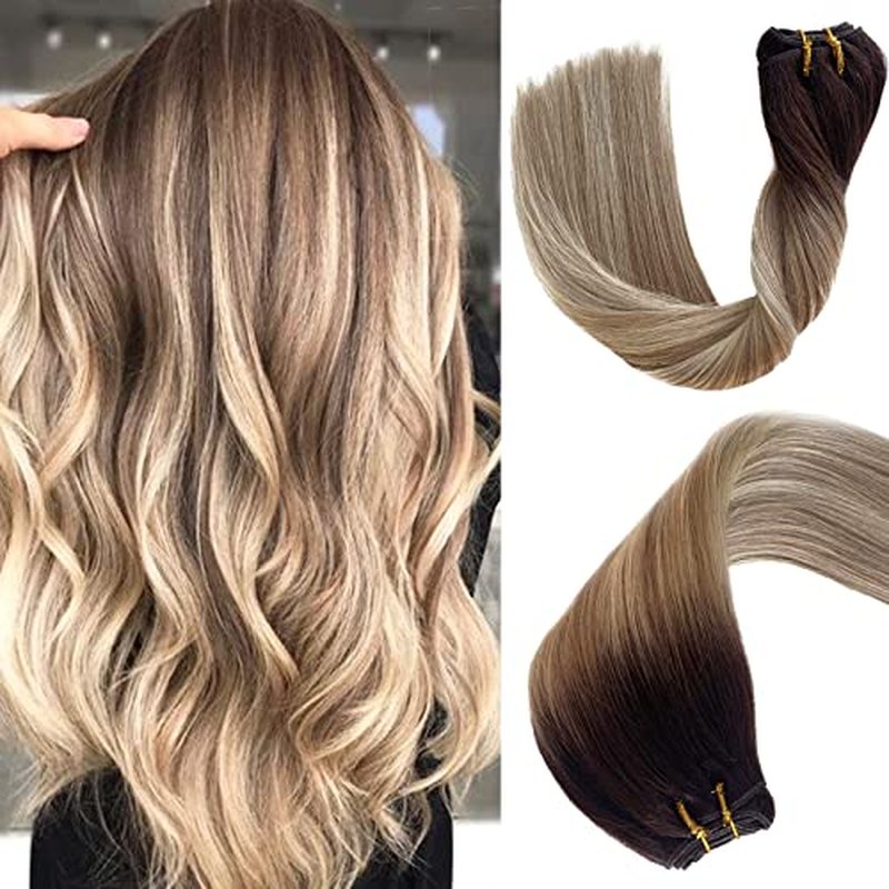 Sew in Hair Extensions Human Hair Double Weft Balayage Brown to Blonde Highlights Natural Hair Weave Bundles for White Women Silky Straight Remy Hair Extensions Sew in Hair Weft 24 Inch 120G
