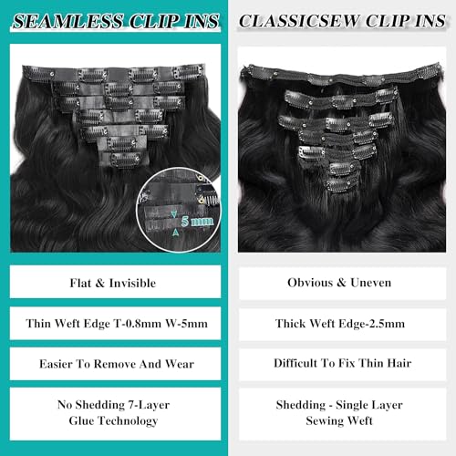 Seamless Clip In Hair Extensions Real Human Hair Invisible PU Skin Weft Body Wave Clip Ins 100% Unprocessed Brazilian Remy Human Hair Extensions 7pcs with 16Clips 100g£¨Natural Black,12 inch£©
