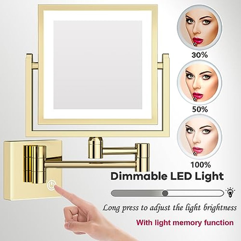 LED Lighted Makeup Mirror Wall Mounted Square, 1/3X Bathroom Magnifying Mirror Wall Mounted with Light, Touch Dimming, Rechargeable, PVD Zirconium Gold
