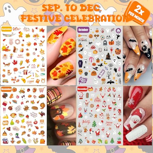12 Months All Holiday Nail Stickers, 24 Sheets Seasonal Variety Pack 2 Pcs Per Month DIY Nail Art, Self-Adhesive Pegatinas U?as for a Year of Halloween Christmas Thanksgiving&Valentine¡¯s Day
