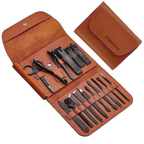 FAMILIFE Gifts for Men, Manicure Set Clippers Manicure Kit Nail Clipper Sets 16pcs Mens Grooming Kits Professional Stainless Steel Nail Kit Brown Leather Case Travel Kits