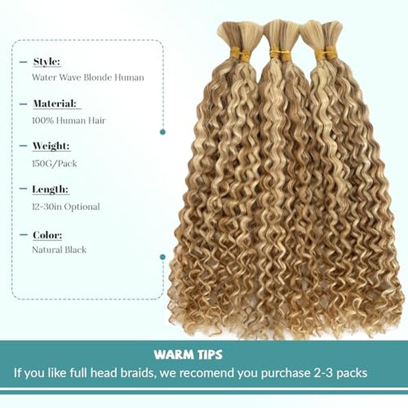 Blonde Curly Human Braiding Hair for Boho Braids 150g 24 Inch Wet and Wavy Long Boho Hair for Braiding Knotless Highlighted 27p613 No Weft Bulk Bohemian Human Hair 3 Bundles/Pack