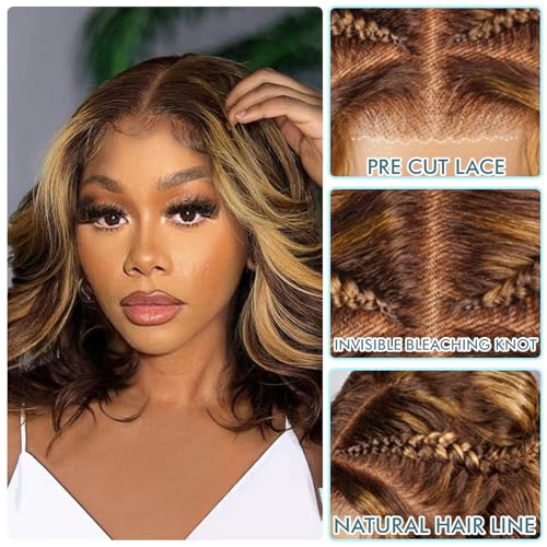LuAiJa Ombre Brown Loose Wave Glueless Wigs Human Hair 9x6 Highlight Deep Wave Wear and Go Glueless Wigs Human Hair Pre Plucked Pre Cut 16 inch Blonde and Brown Lace Front Wig 200% Density