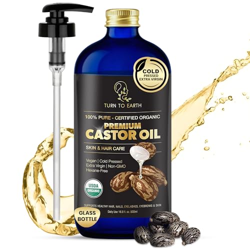 Organic Castor Oil, Cold Pressed, Glass Bottle, USDA Certified Premium Organic, Unrefined, Hexane Free, for Hair Growth, Radiant Skin, Eyebrows, Lashes and Fuller Hair, 16.9 oz w/ Pump (Made in USA)
